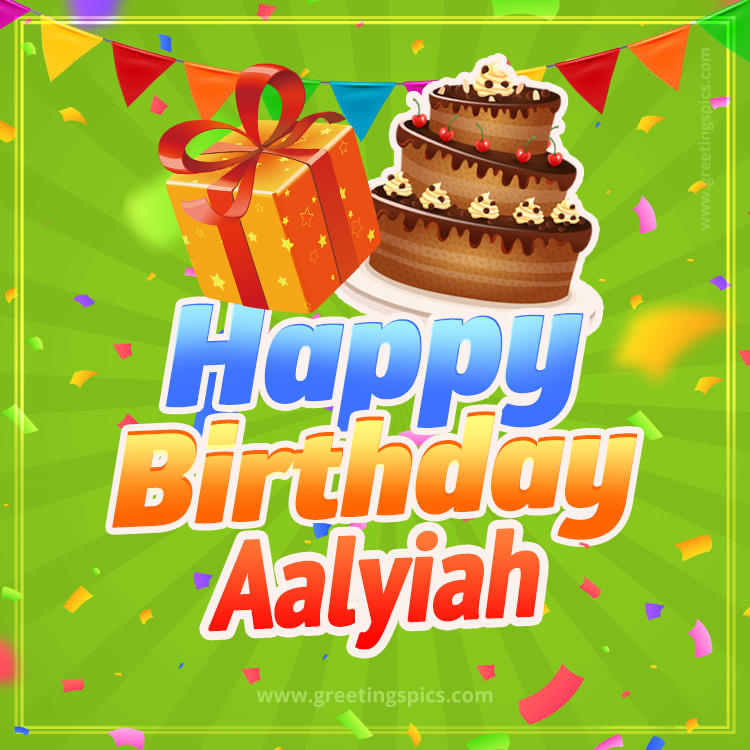 Happy Birthday Aalyiah picture with flags, chocolate cake and gift box (square shape image)