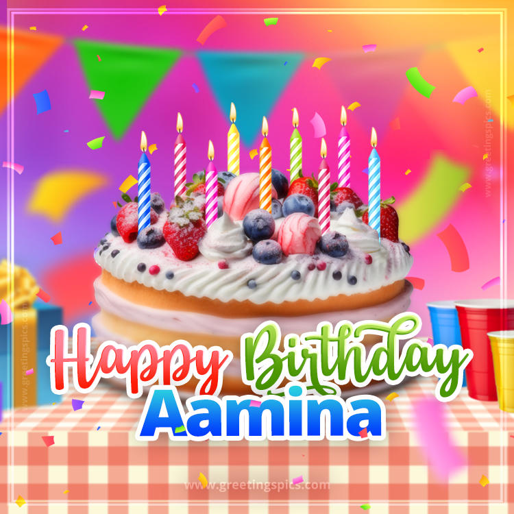 Happy Birthday Aamina Colorful Image with fruit cake and candles (square shape image)