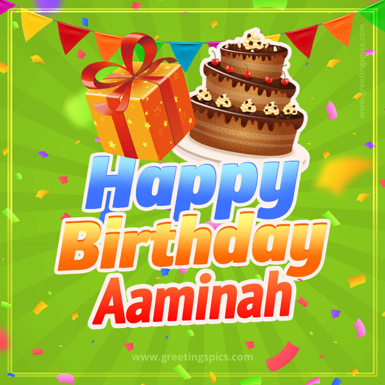 Happy Birthday Aaminah picture with flags, chocolate cake and gift box (square shape image)