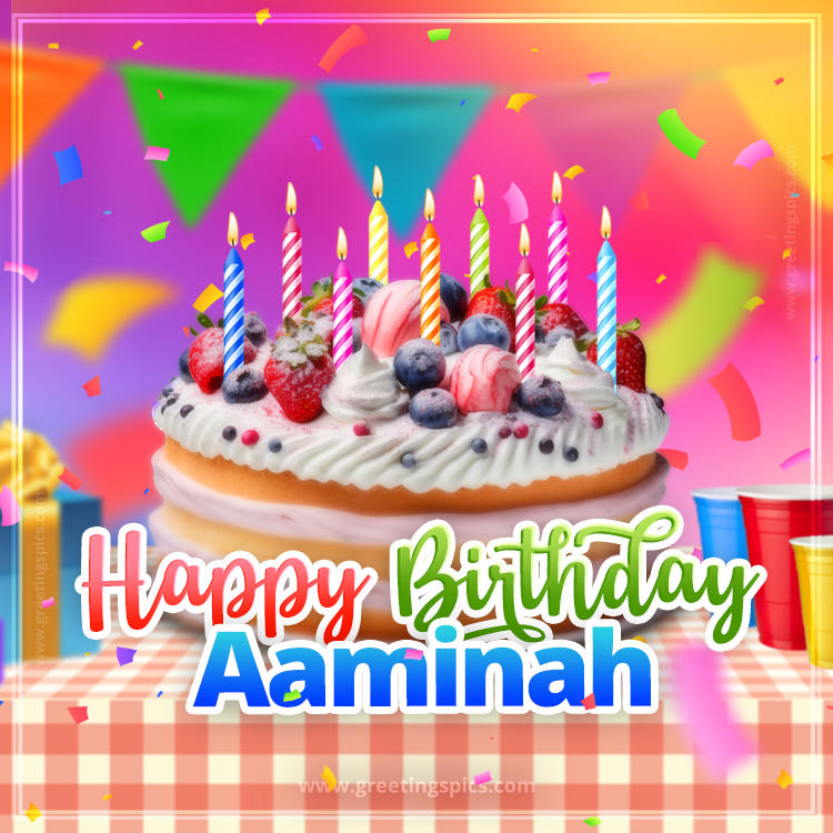 Happy Birthday Aaminah Colorful Image with fruit cake and candles (square shape image)