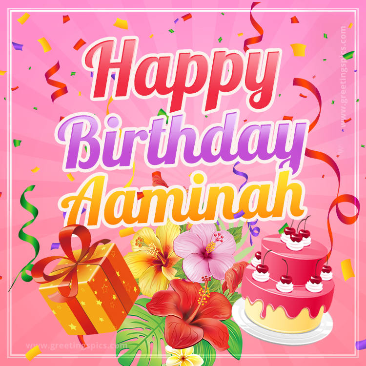 Beautiful Birthday Card for Aaminah with Cake and bouquet of flowers (square shape image)