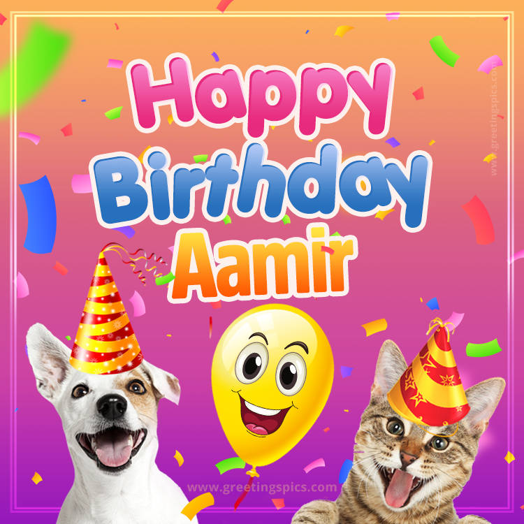 Happy Birthday Aamir Funny Image with cat and dog (square shape image)