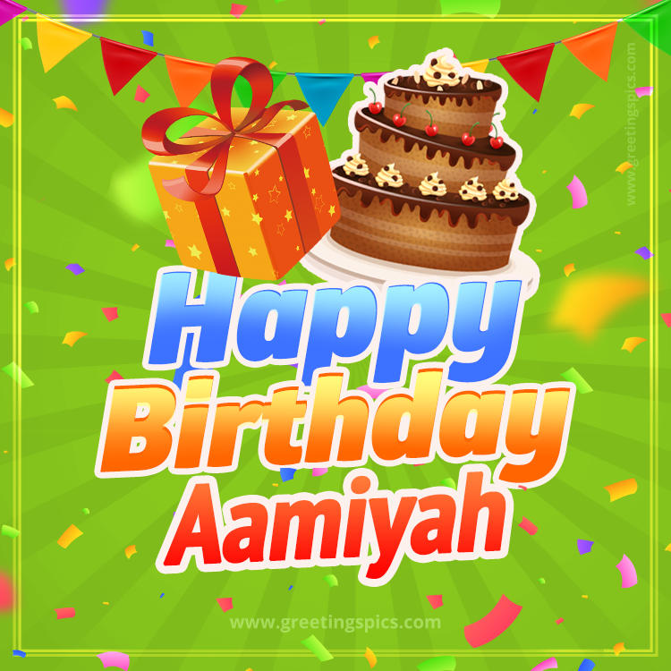 Happy Birthday Aamiyah picture with flags, chocolate cake and gift box (square shape image)