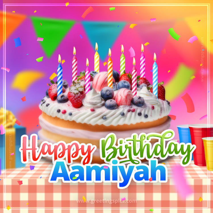 Happy Birthday Aamiyah Colorful Image with fruit cake and candles (square shape image)