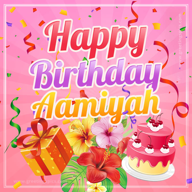 Beautiful Birthday Card for Aamiyah with Cake and bouquet of flowers (square shape image)