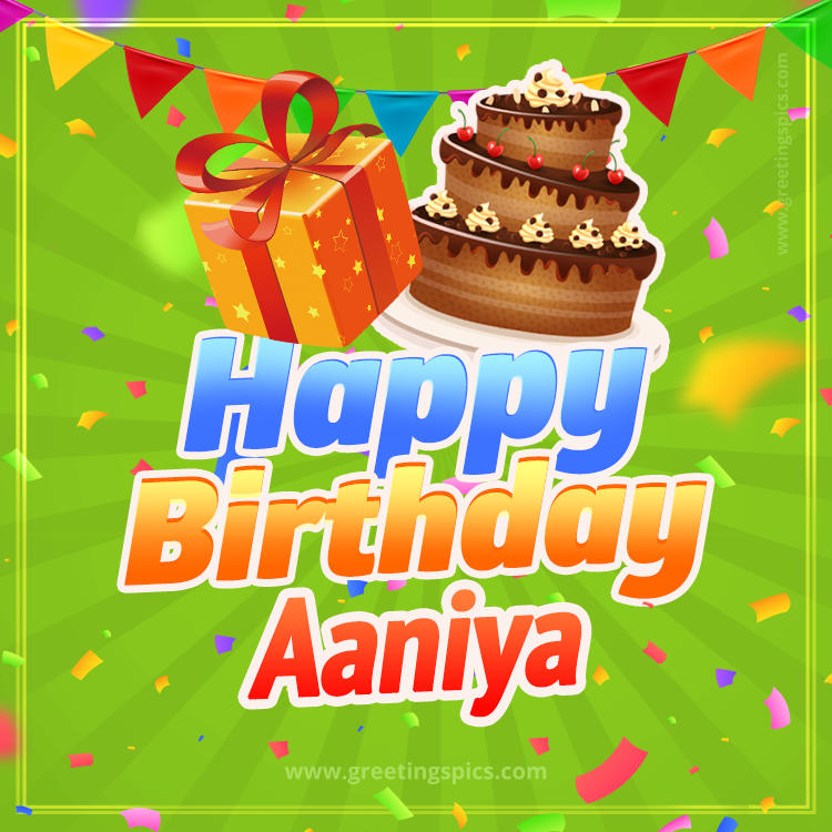 Happy Birthday Aaniya picture with flags, chocolate cake and gift box (square shape image)