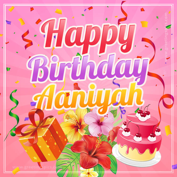 Beautiful Birthday Card for Aaniyah with Cake and bouquet of flowers (square shape image)