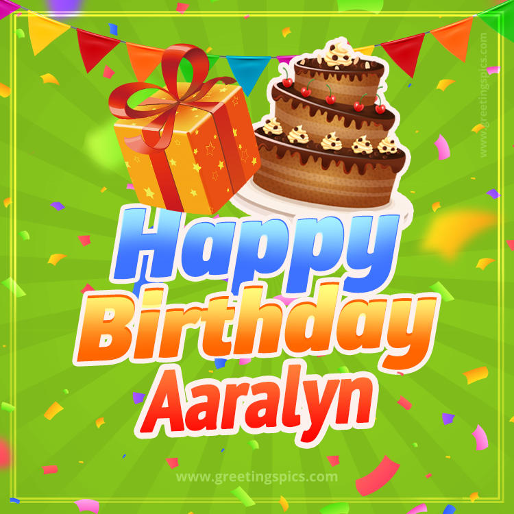 Happy Birthday Aaralyn picture with flags, chocolate cake and gift box (square shape image)