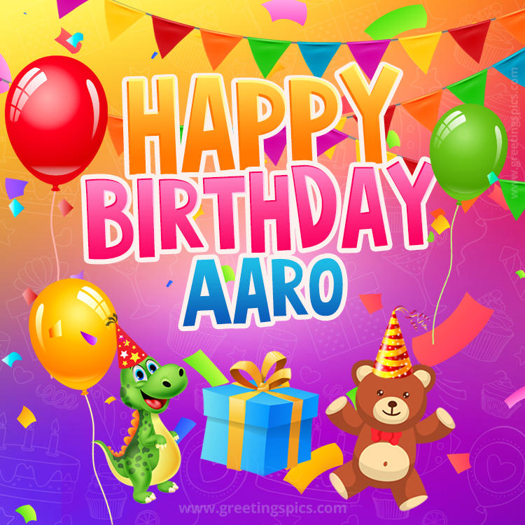 Happy Birthday Aaro Image for a child with cute baby dinosaur and bear (square shape image)