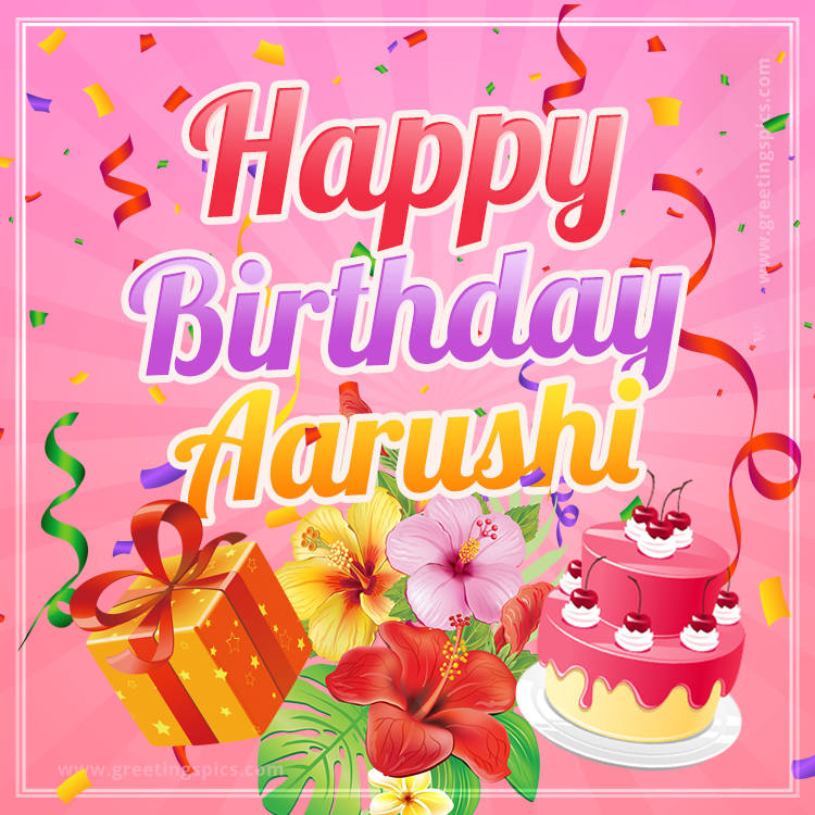 Beautiful Birthday Card for Aarushi with Cake and bouquet of flowers (square shape image)