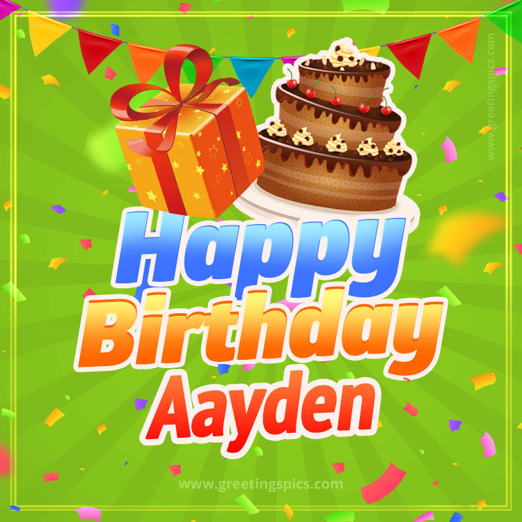 Happy Birthday Aayden picture with flags, chocolate cake and gift box (square shape image)