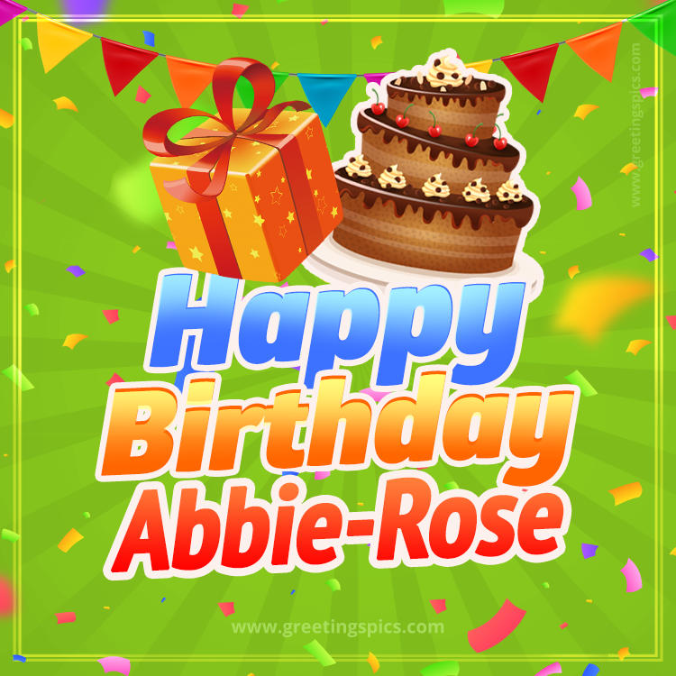 Happy Birthday Abbie-Rose picture with flags, chocolate cake and gift box (square shape image)