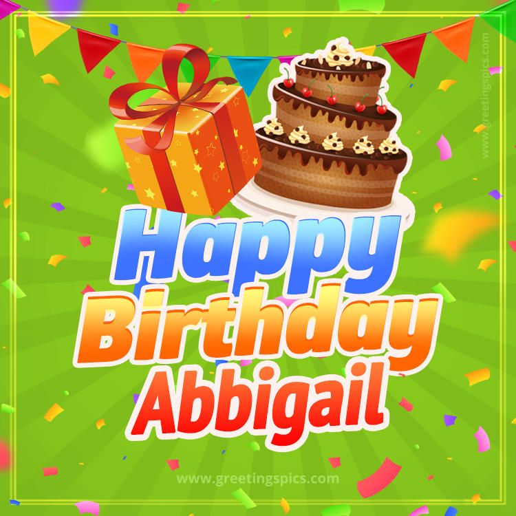 Happy Birthday Abbigail picture with flags, chocolate cake and gift box (square shape image)