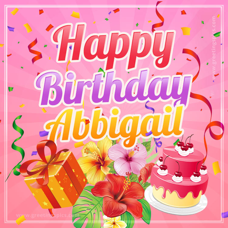 Beautiful Birthday Card for Abbigail with Cake and bouquet of flowers (square shape image)