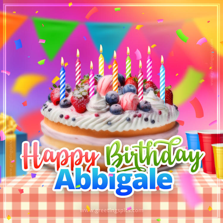 Happy Birthday Abbigale Colorful Image with fruit cake and candles (square shape image)