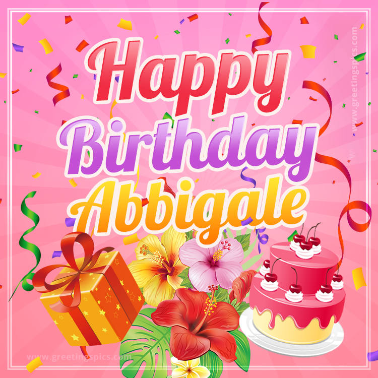 Beautiful Birthday Card for Abbigale with Cake and bouquet of flowers (square shape image)