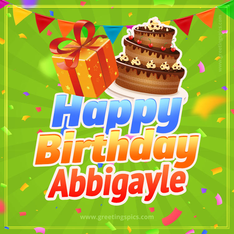 Happy Birthday Abbigayle picture with flags, chocolate cake and gift box (square shape image)