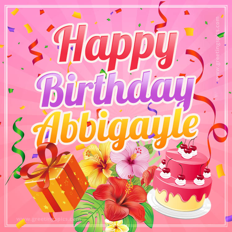 Beautiful Birthday Card for Abbigayle with Cake and bouquet of flowers (square shape image)