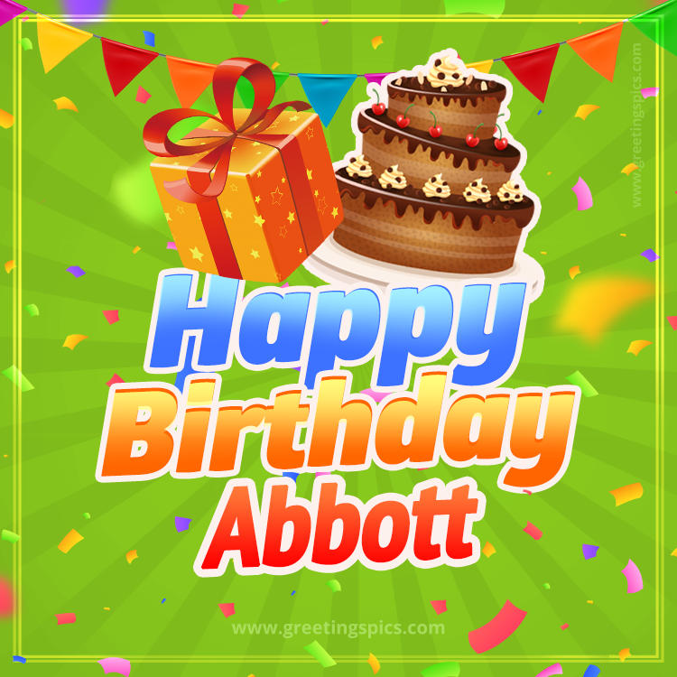 Happy Birthday Abbott picture with flags, chocolate cake and gift box (square shape image)