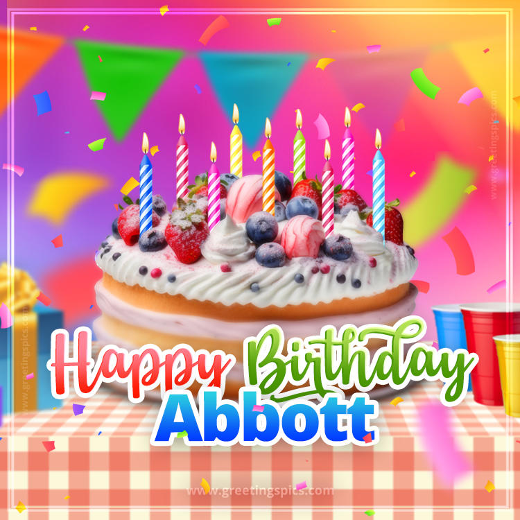 Happy Birthday Abbott Colorful Image with fruit cake and candles (square shape image)