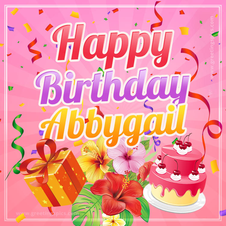 Beautiful Birthday Card for Abbygail with Cake and bouquet of flowers (square shape image)