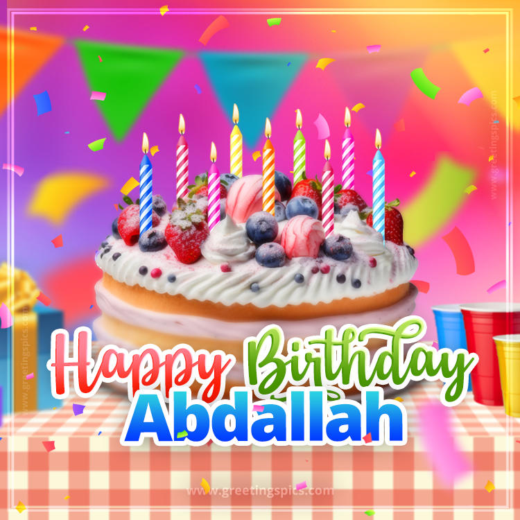 Happy Birthday Abdallah Colorful Image with fruit cake and candles (square shape image)