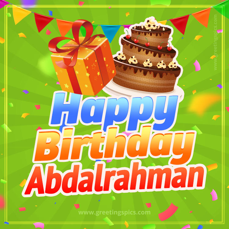 Happy Birthday Abdalrahman picture with flags, chocolate cake and gift box (square shape image)