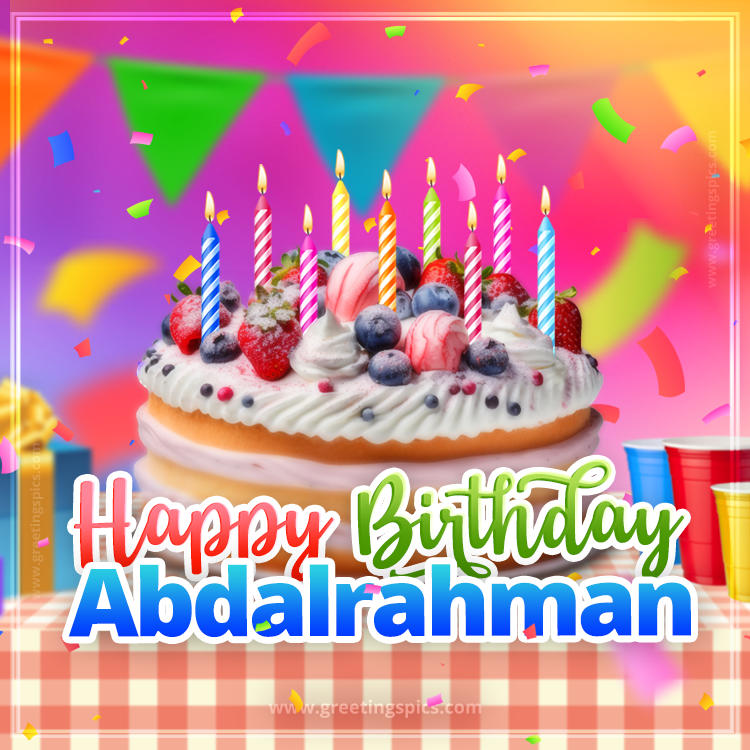 Happy Birthday Abdalrahman Colorful Image with fruit cake and candles (square shape image)