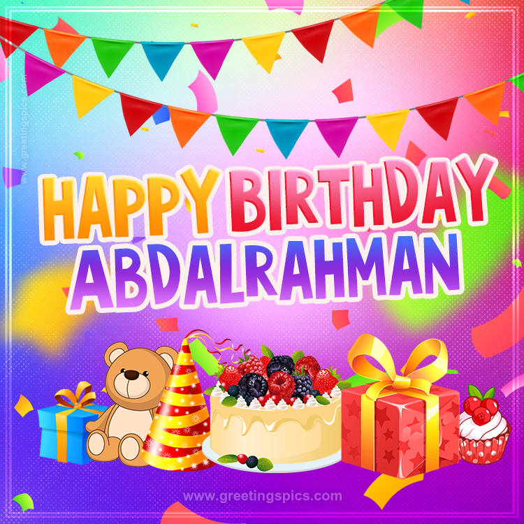 Bright card with Wishes for a Happy Birthday for Abdalrahman (square shape image)