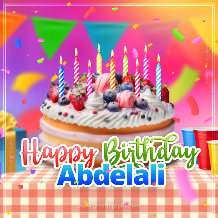 Happy Birthday Abdelali Colorful Image with fruit cake and candles (square shape image)