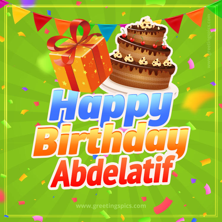 Happy Birthday Abdelatif picture with flags, chocolate cake and gift box (square shape image)