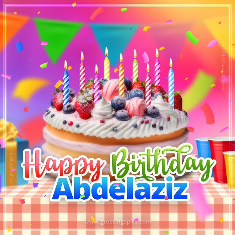 Happy Birthday Abdelaziz Colorful Image with fruit cake and candles (square shape image)