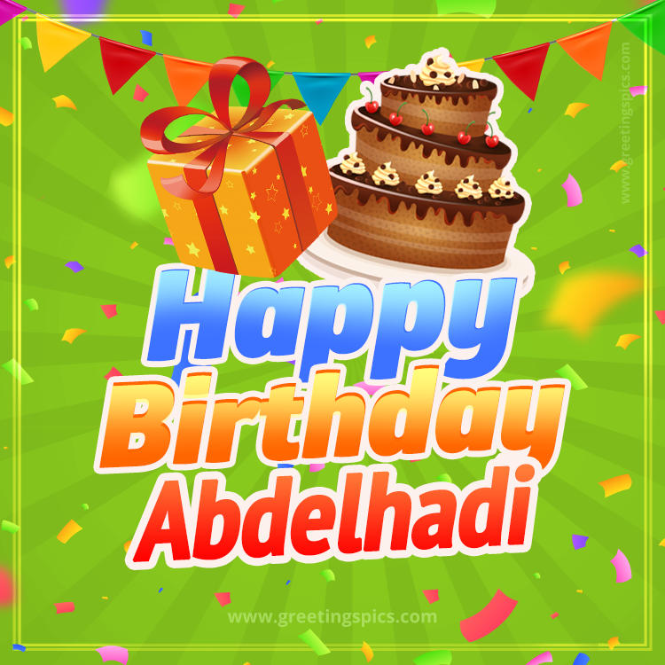 Happy Birthday Abdelhadi picture with flags, chocolate cake and gift box (square shape image)