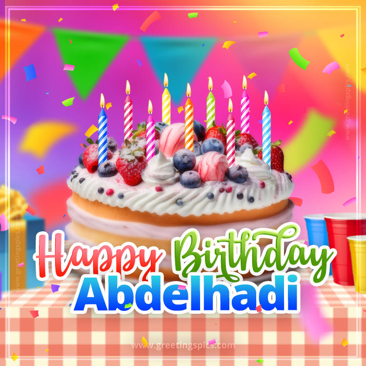 Happy Birthday Abdelhadi Colorful Image with fruit cake and candles (square shape image)