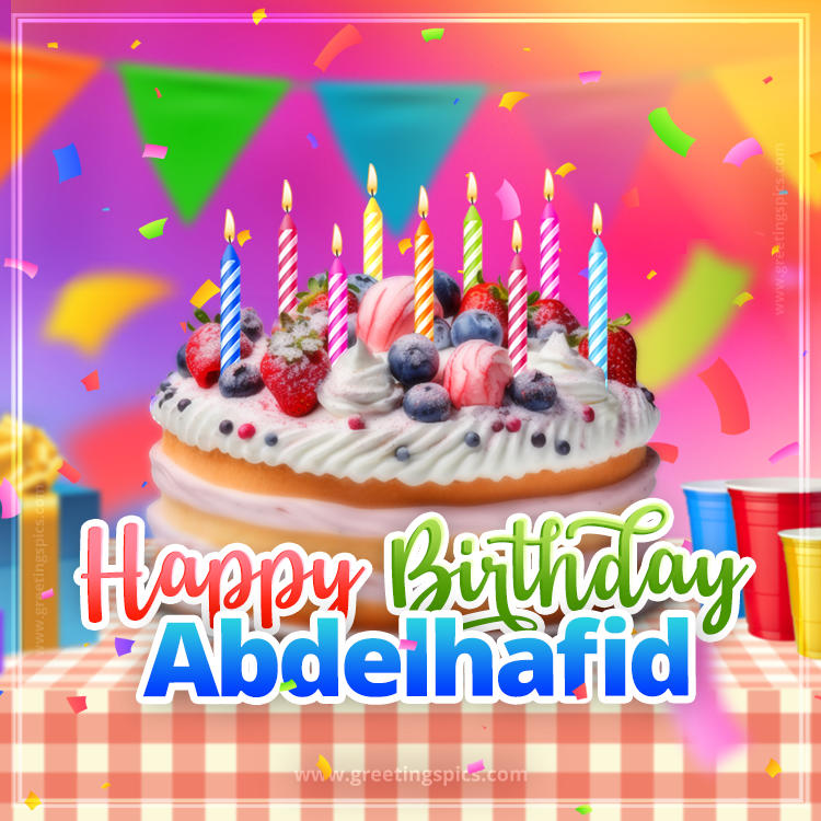 Happy Birthday Abdelhafid Colorful Image with fruit cake and candles (square shape image)