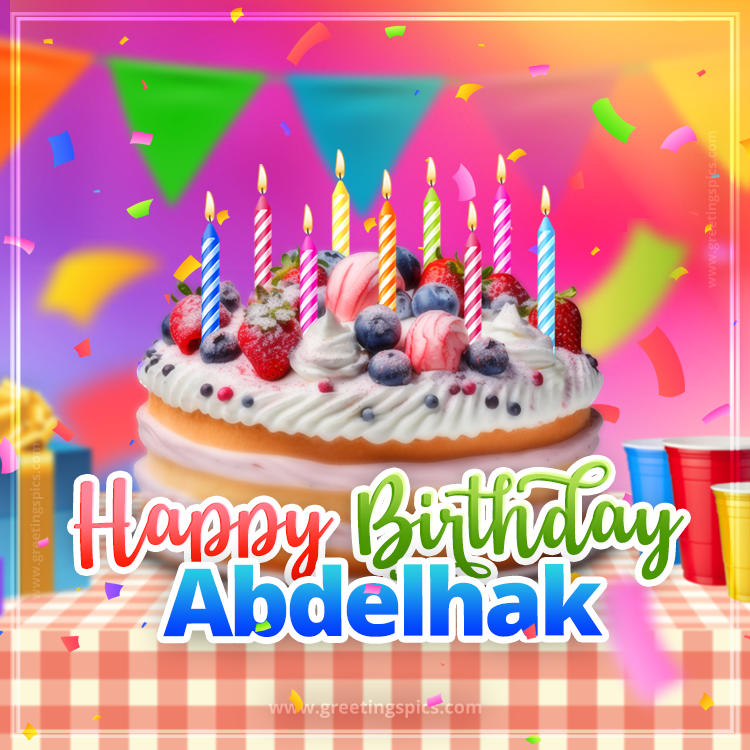 Happy Birthday Abdelhak Colorful Image with fruit cake and candles (square shape image)