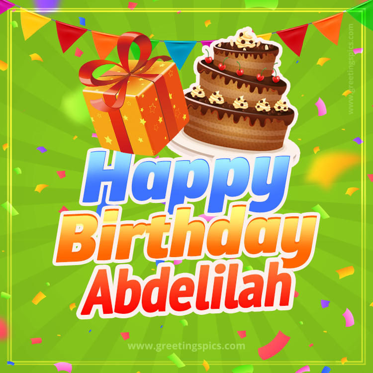 Happy Birthday Abdelilah picture with flags, chocolate cake and gift box (square shape image)