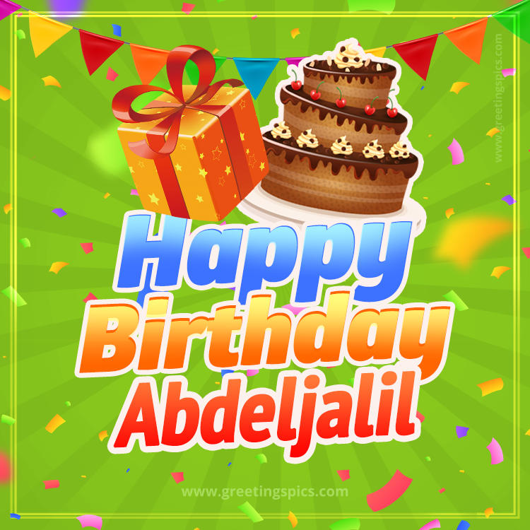 Happy Birthday Abdeljalil picture with flags, chocolate cake and gift box (square shape image)