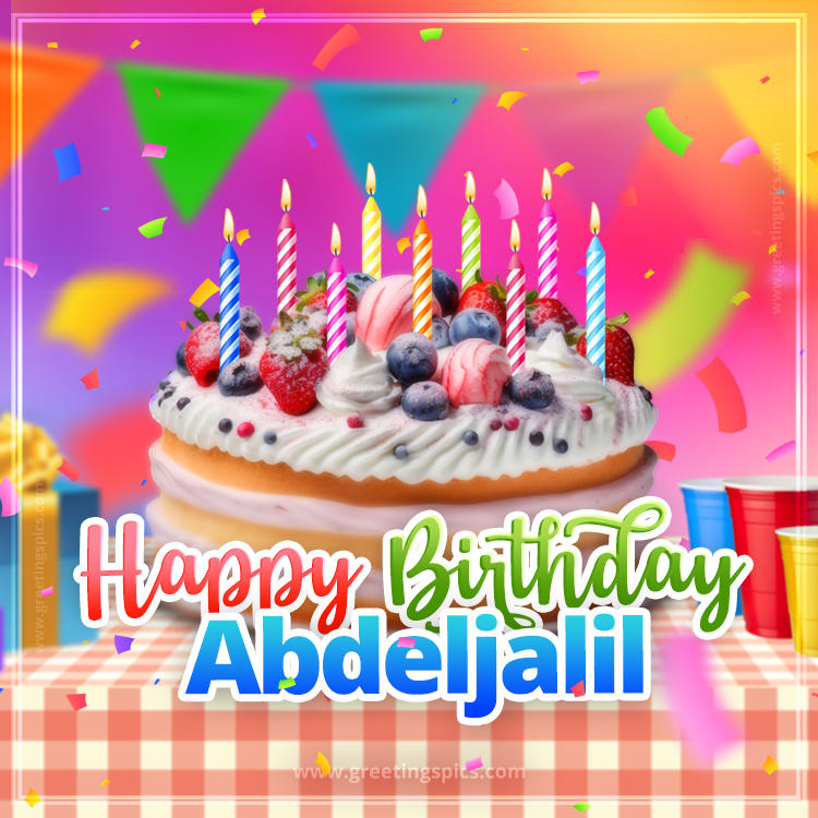 Happy Birthday Abdeljalil Colorful Image with fruit cake and candles (square shape image)