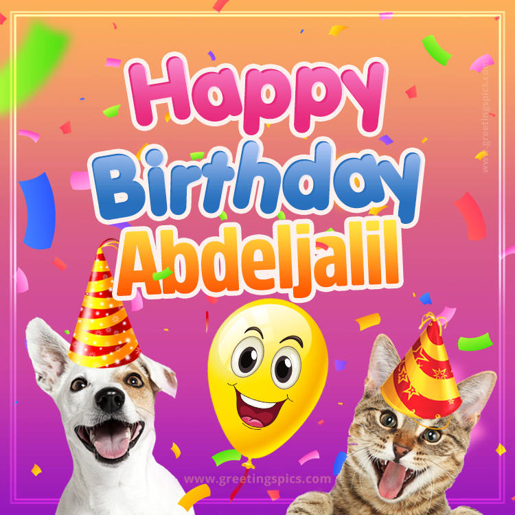 Happy Birthday Abdeljalil Funny Image with cat and dog (square shape image)