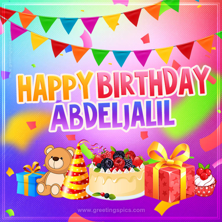 Bright card with Wishes for a Happy Birthday for Abdeljalil (square shape image)