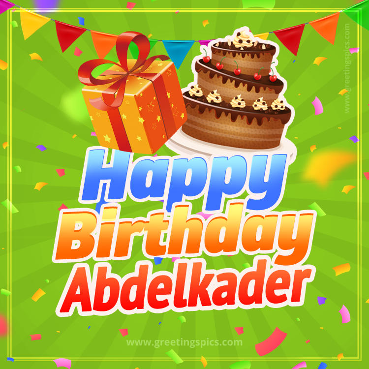 Happy Birthday Abdelkader picture with flags, chocolate cake and gift box (square shape image)