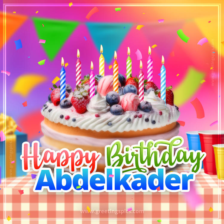 Happy Birthday Abdelkader Colorful Image with fruit cake and candles (square shape image)