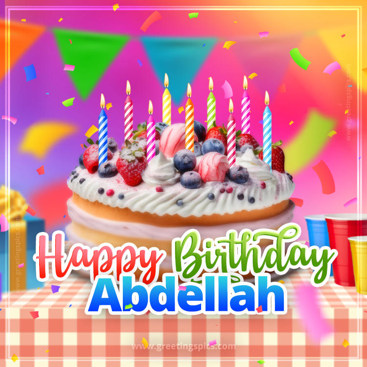 Happy Birthday Abdellah Colorful Image with fruit cake and candles (square shape image)