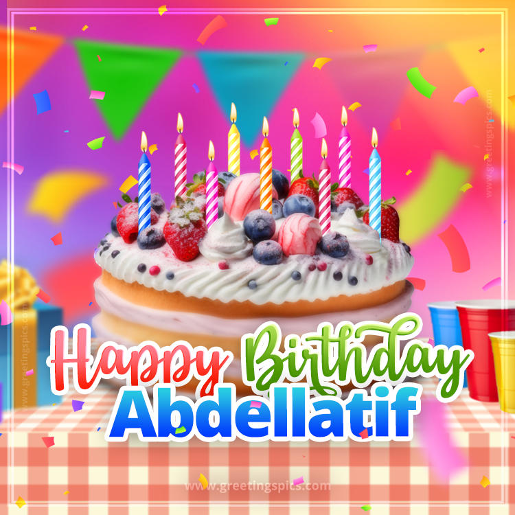 Happy Birthday Abdellatif Colorful Image with fruit cake and candles (square shape image)