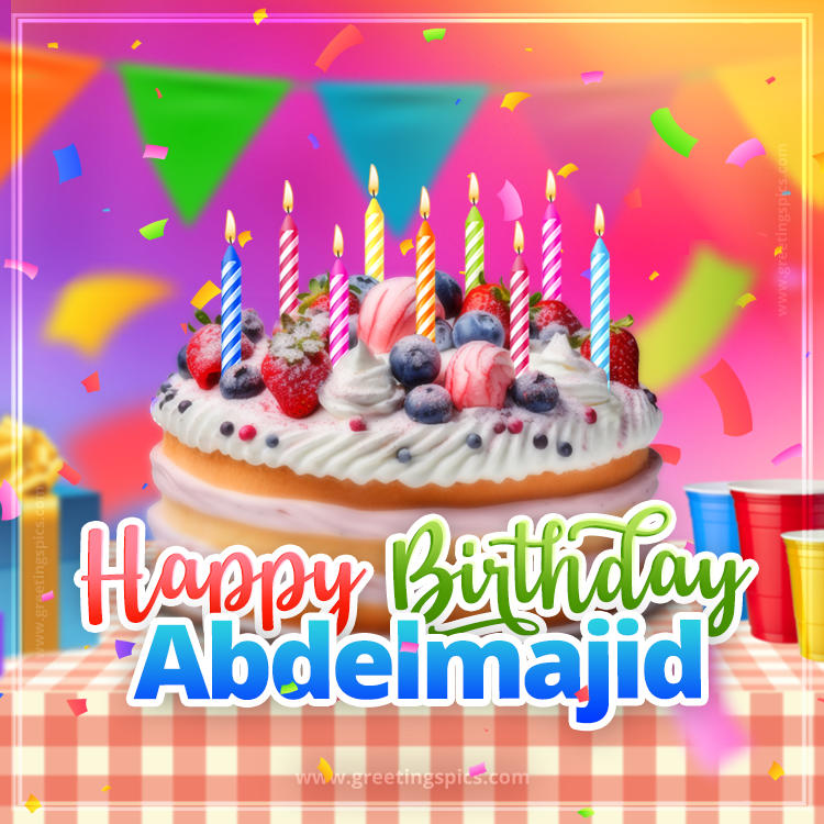 Happy Birthday Abdelmajid Colorful Image with fruit cake and candles (square shape image)