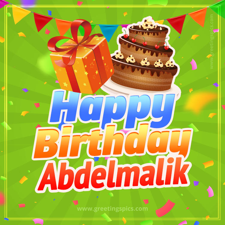 Happy Birthday Abdelmalik picture with flags, chocolate cake and gift box (square shape image)