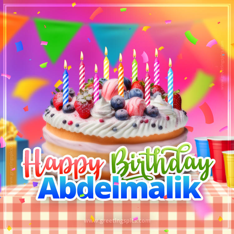 Happy Birthday Abdelmalik Colorful Image with fruit cake and candles (square shape image)