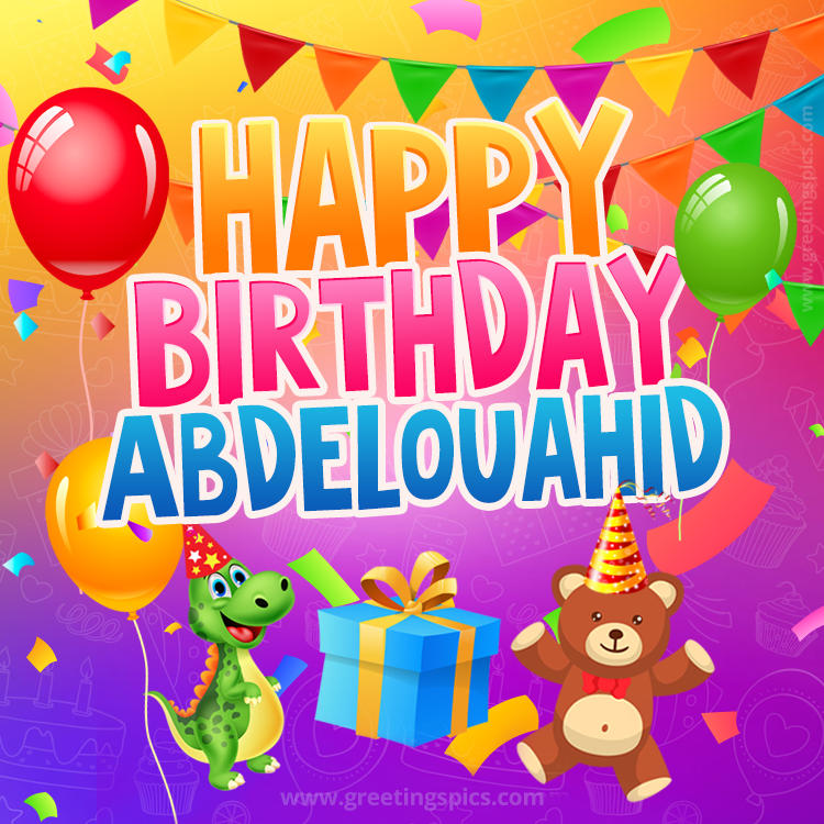 Happy Birthday Abdelouahid Image for a child with cute baby dinosaur and bear (square shape image)