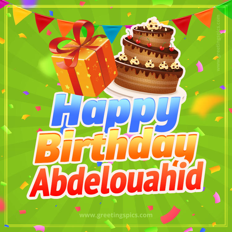 Happy Birthday Abdelouahid picture with flags, chocolate cake and gift box (square shape image)